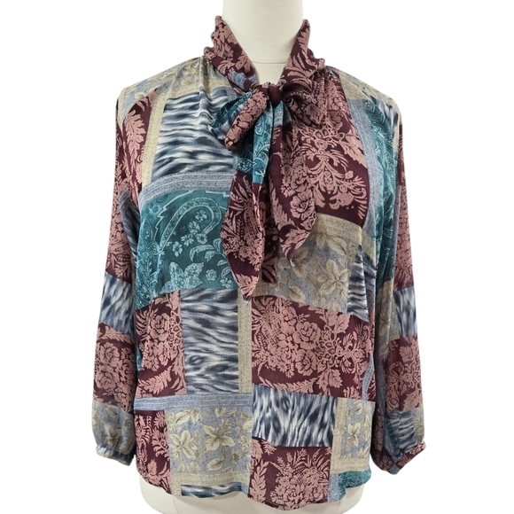 Coldwater Creek Animal Print Floral Patchwork Sheer Tie Neck Henley Blouse Boho - Picture 1 of 8